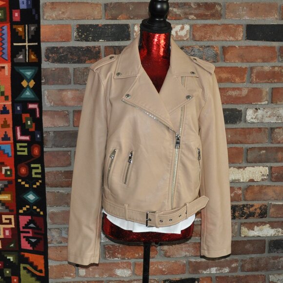 Levi's Red Tab Faux Leather Belted Motorcycle Moto Jacket Biscotti L - Picture 2 of 13